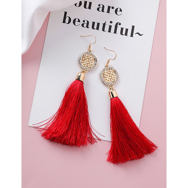 LRC Anting Gantung Fashion Round Double Happiness Beads: Hi Word Blessing Tassel Earrings  D20810