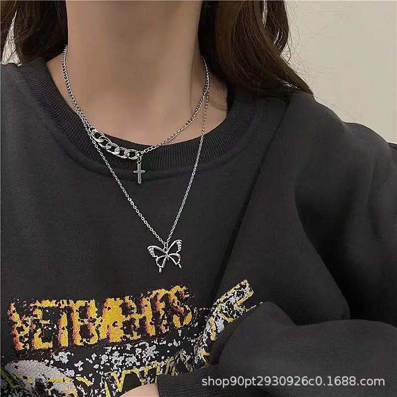 Ins butterfly twin kalung wanita populer Net Merah keren hip hop rasa desain kalung serbaguna musim