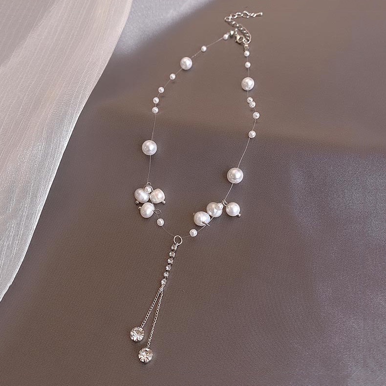 Kalung Rantai Dengan Liontin Mutiara + Berlian Imitasi Gaya Jepang / Korea Untuk Wanita
