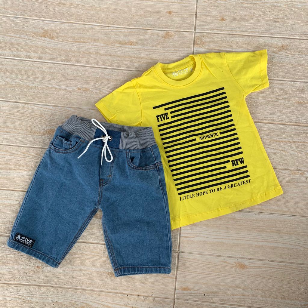 Setelan Jeans Anak Laki Laki Kaos Distro Anak Laki Baju Anak Cowo 1-12 Tahun Fr Garis Kuning Premium
