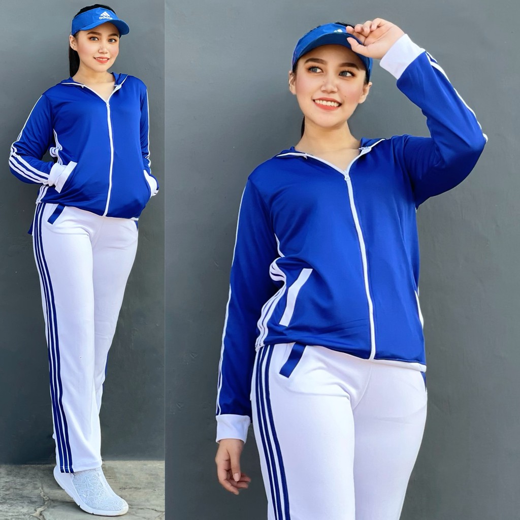 Setelan Baju Senam Lapangan Training Biru Putih Hijab Cycling Fitness Olahraga Panjang
