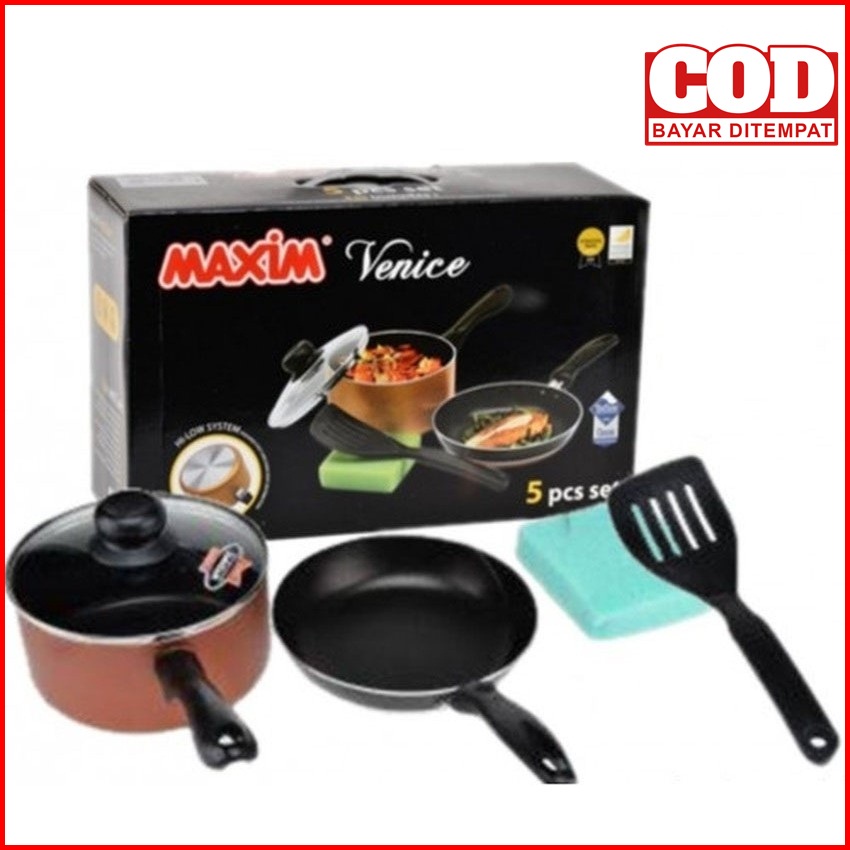 MAXIM VENICE 5 Set Wajan/Panci/Spatula/Spon/Tutup Kaca - 100% ORIGINAL MAXIM termurah