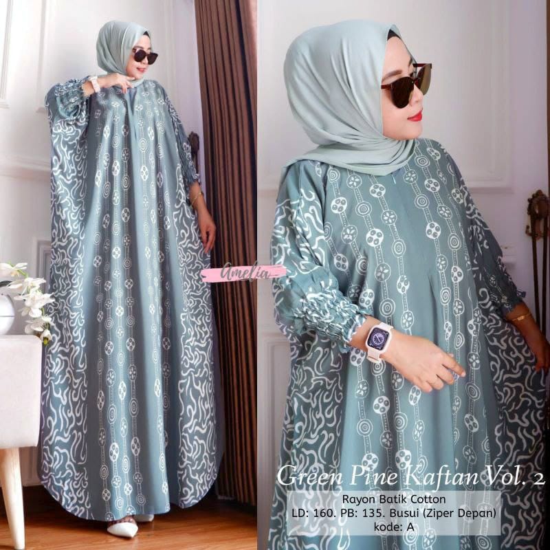 Green Pine Kaftan Motif Batik Cap Encim Soft Color Jumbo XXXXL Rayon Tebal Busui Resleting / Gamis Rayon Kaftan Wanita