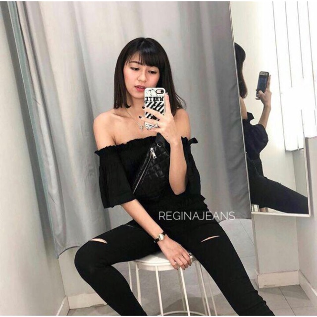 JSK 3107 midwaist skinny jeans custom ripped jeans / celana hitam skinny wanita sobek lutut paha