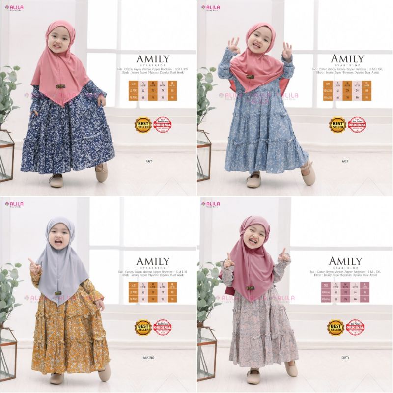 AMILY SYAR'I ANAK GAMIS MOTIF FLORAL BUNGA + JILBAB JERSEY BY ALILA