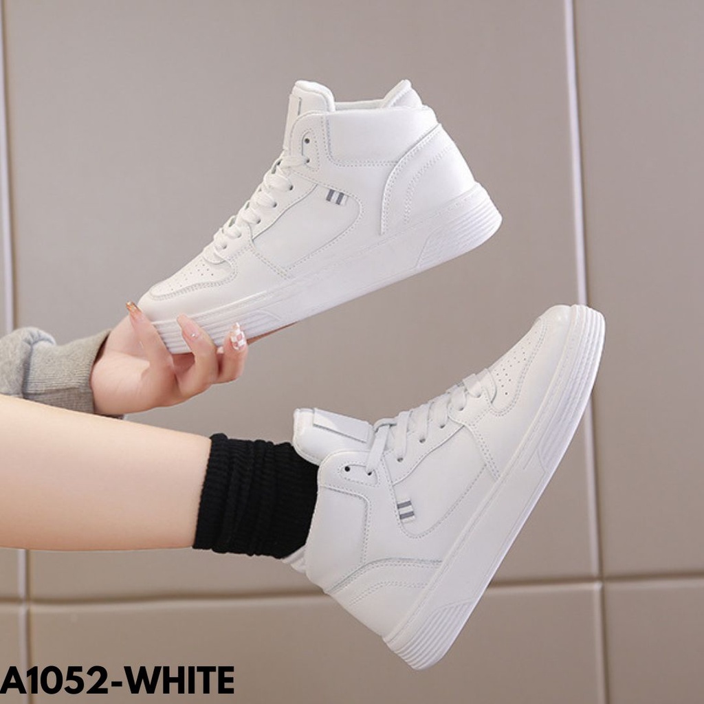 SEPATU SNEAKERS WANITA HIGHCUT BLACK WHITE HIGH QUALITY DESAIN SIMPLE BAHAN PU IMPORT A1052 JAZE