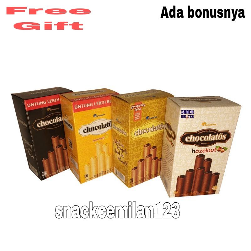 

Chocolatos Wafer Roll kemasan box isi 20 pcs. Ber-netto @16 gr (long)