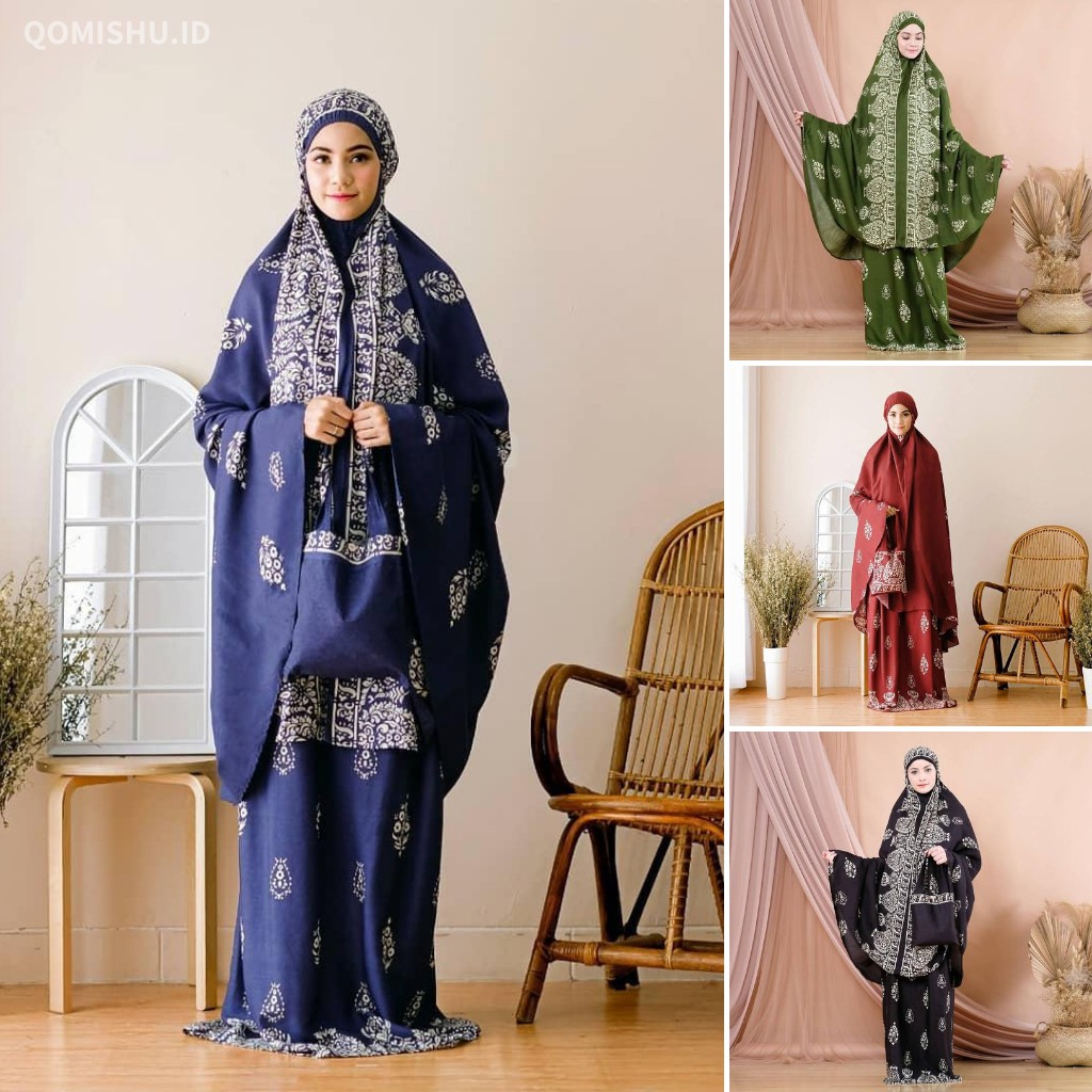 Mukena Tazbiya Tazkia Ethnic Carve Navy / Mukenah Jumbo Katun Rayon Tazbiyah Dewasa Motif Adem