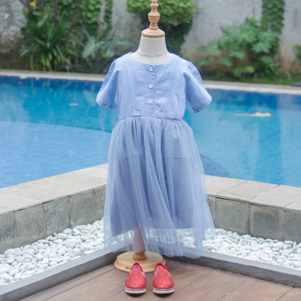 Promo !! Dress anak perempuan / Dress korean anak / Dress smooth tutu button blue  import uk 6-12 thn