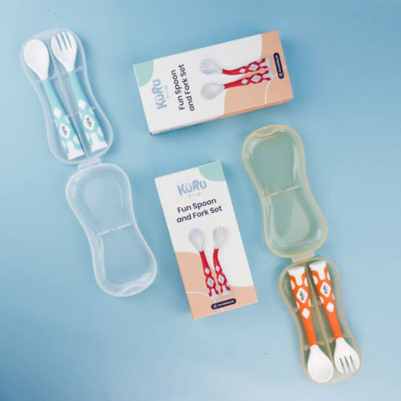 Kuru Baby Fun Spoon &amp; Fork Set - Kuru Sendok Garpu Makan Bayi Flexible Dengan Case Box