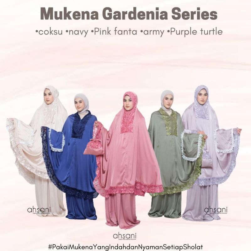 GARDENIA MUKENA DEWASA AHSANI BAHAN ARMANI ADEM LEMBUT RINGAN MEWAH CANTIK RUKUH DEWASA PUTIH MUKENA