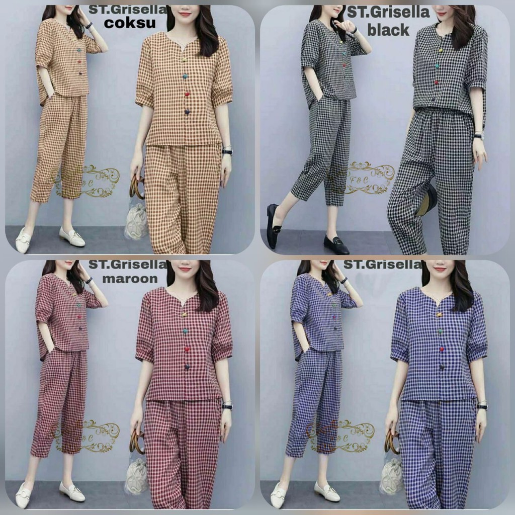 ST GRISELLA SETELAN PAKAIAN WANITA SET GRISELLA KOTAK SETELAN ATASAN DAN CELANA ONE SET KOREAN STYLE