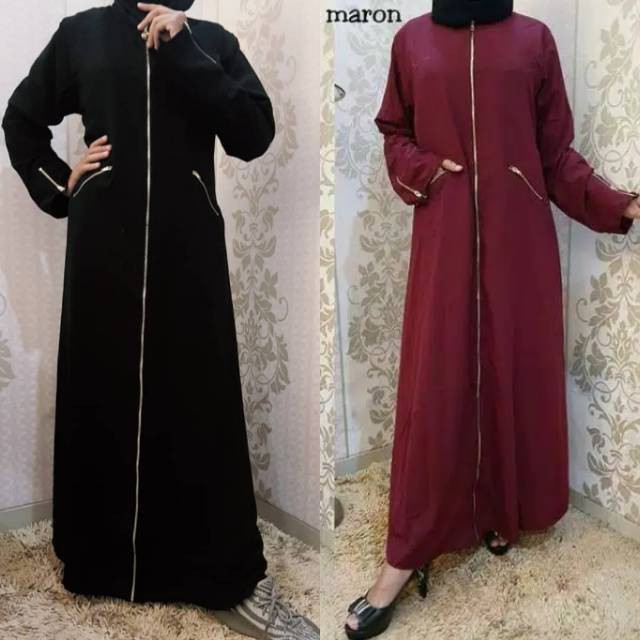 lidya  GAMIS ABAYA Hitam & merah maroon Polos ZIPPER FULL SAKU / KANTONG  grosir