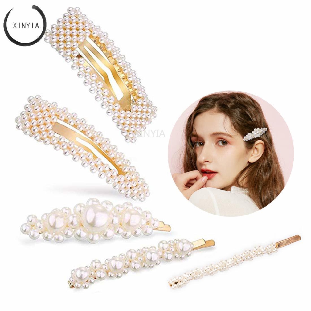 5Pcs Jepit Rambut  Wanita Hias Mutiara Warna  Gold  untuk 
