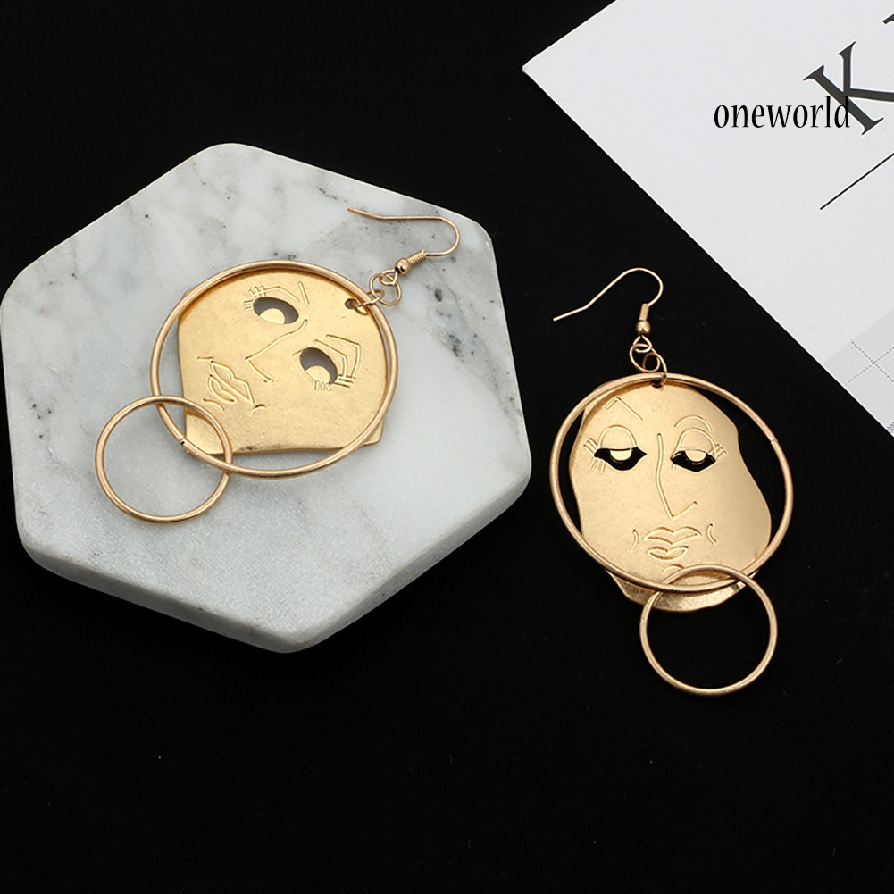 OW@ Fashion Carving Asymmetric Human Face Hoop Women Hook Earrings Jewelry Decor