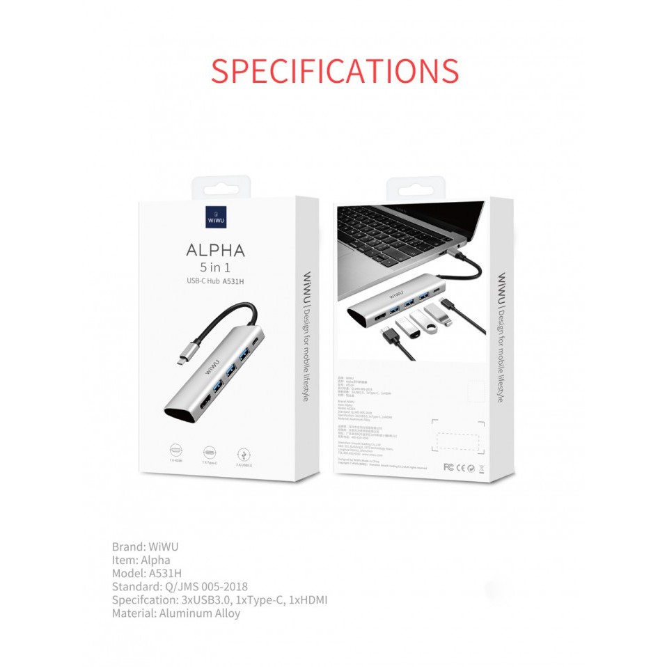 WIWU ALPHA A531H - 5-in-1 USB-C Hub - HDMI - USB3.0 - PD Charging Port