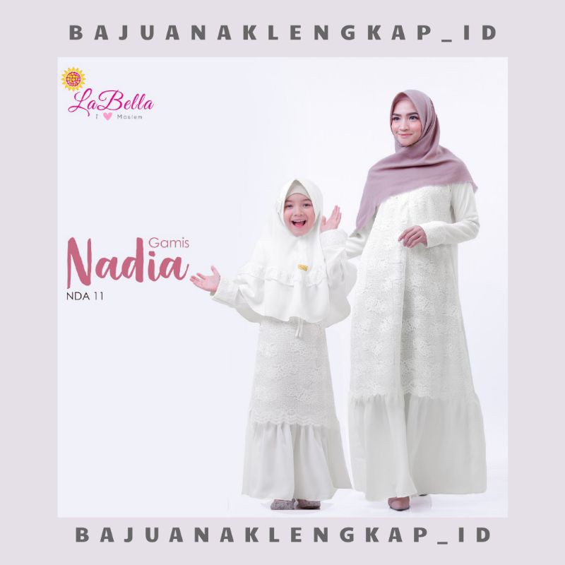 [ NADIA ] By Labella Gamis Couple Nadia Labella baju muslim putih ibu dan anak mom kids brokat mewah