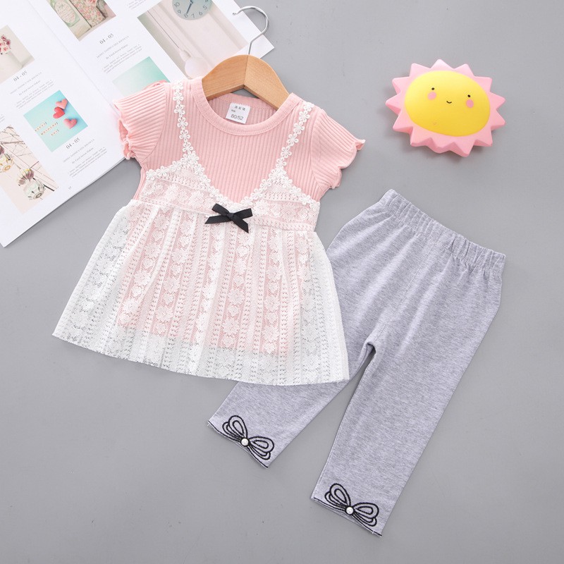 acadia.kids [COD] Setelan Anak Perempuan JAMIE Kaos Lengan Pendek Luaran Renda dan Legging Panjang Import terbaru termurah bestseller bestselling berenda rajut favorit musim panas casual sehari-hari baju anak lucu summer dropshipper dropship reseller-PINK ABU