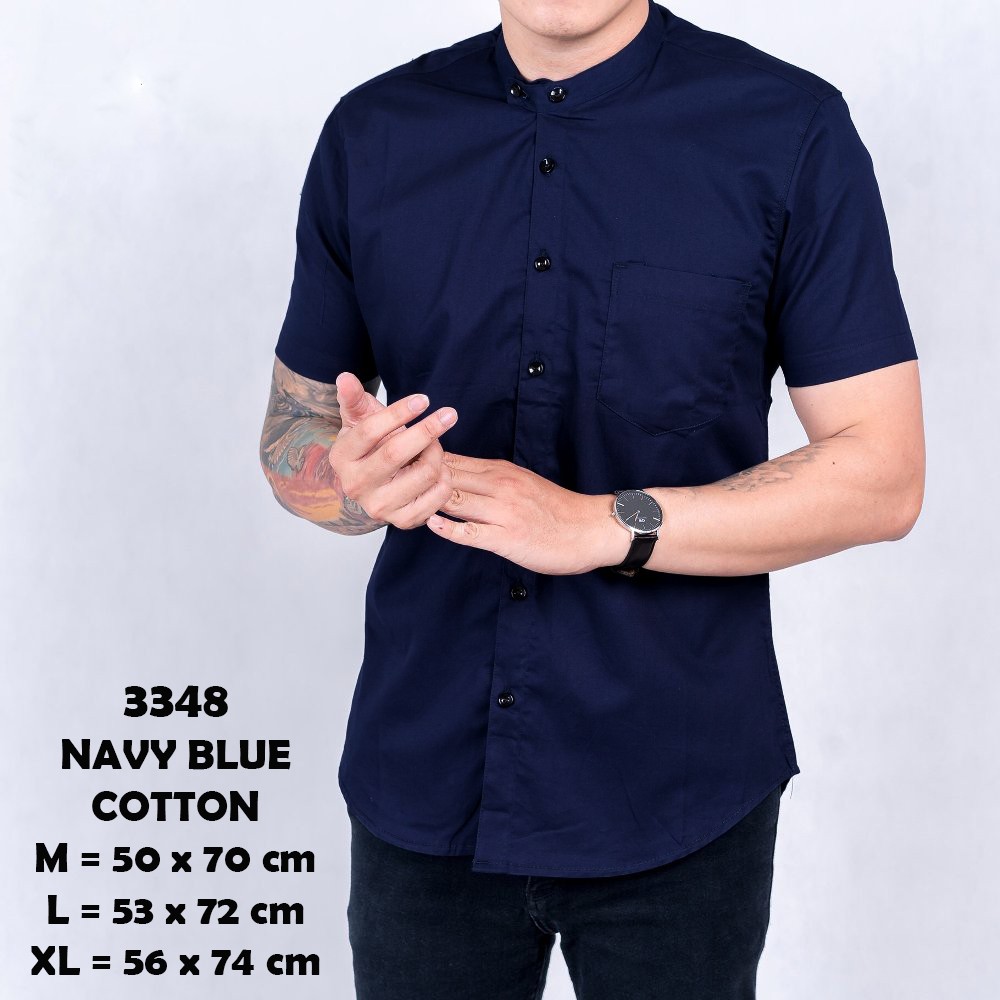 Baju Hem Kemeja Lengan Pendek Pria Biru Navy Dark Blue Polos Kerah