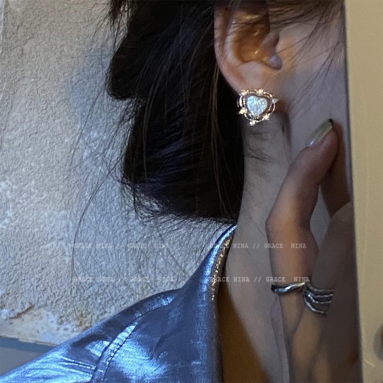 Anting Tusuk Silver Y2k Desain Hati Hias Opal Gaya Vintage Untuk Wanita