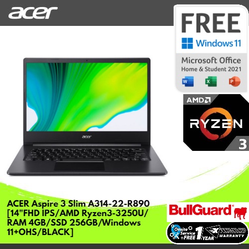 Laptop ACER Aspire 3 Slim A314-22-R890 [14"FHD IPS/AMD Ryzen3-3250U/4GB/SSD 256GB/Windows 11+OHS/BLACK] NX.HVVSN.014
