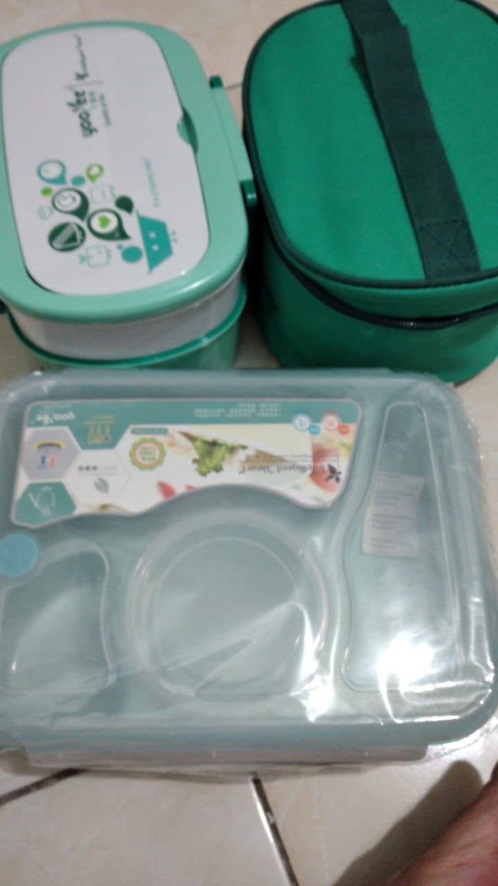 Lunch Box Yooyee 591 Orange Green Free Bag - Kotak Bekal 2 Susun