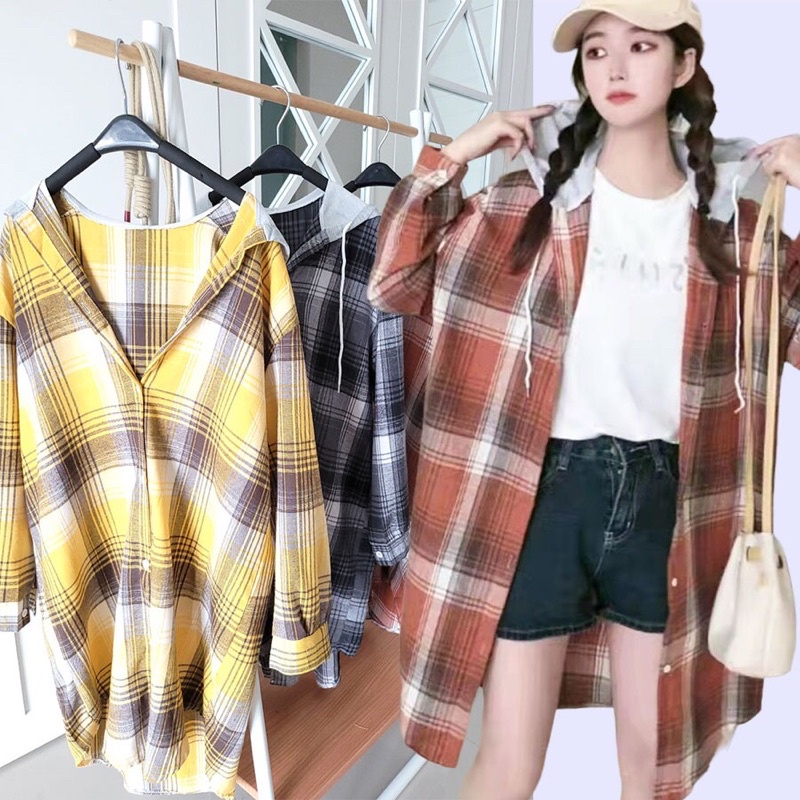lovemecorner IMPORTED OVERSIZED HOOD SHIRTDRESS BAHAN KATUN FLANEL DRESS KEMEJA WANITA PANJANG TUNIK