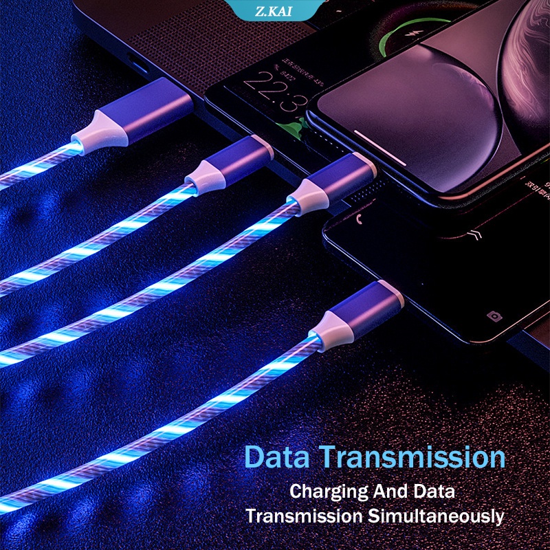 3in1 Kabel Data / Charger Micro USB / Type C 1.2M Fast Charging Dengan Lampu LED Untuk Iphone / Samsung