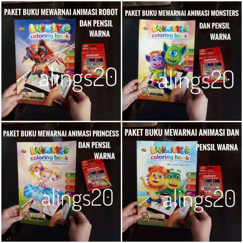 Paket Buku Anak Mewarnai Motif Animasi Set Pensil Warna