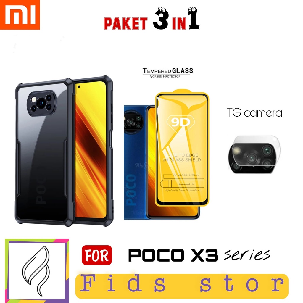 PROMO 3in1 CASE SHOCKPROOF + TEMEPERED GLASS FULL COVER BLACK+LENS CAMERA For Xiaomi POCO X3 PRO NFC