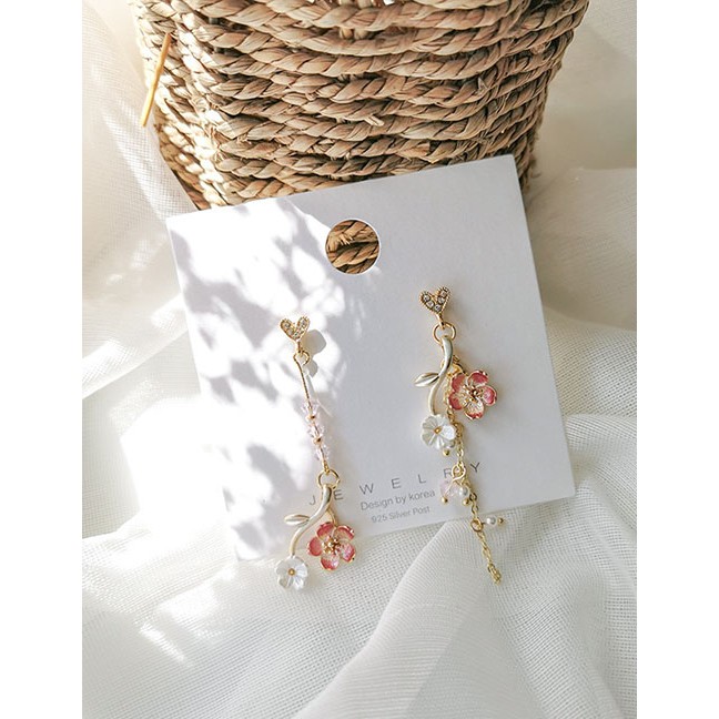 LRC Anting Tusuk Fashion Color Sakura Branch Love Pearl Flower Asymmetric D98381
