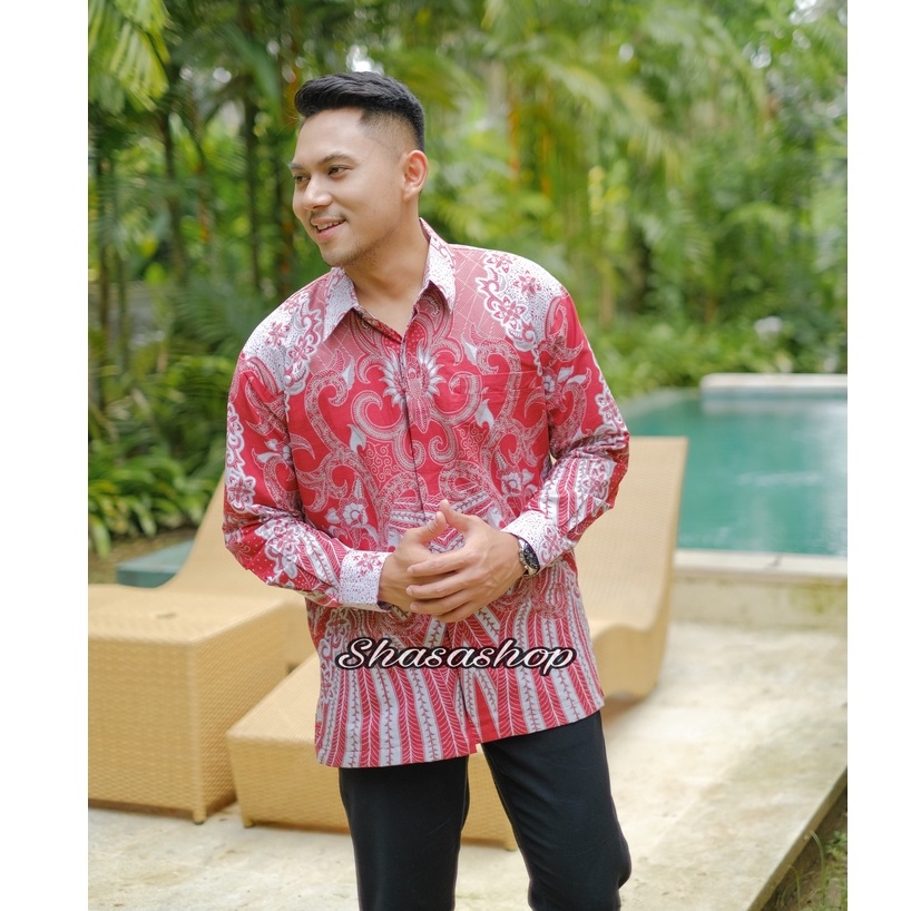 Kemeja Batik Pria DEWATA MERAH FULL FURING Katun Halus Ori Solo