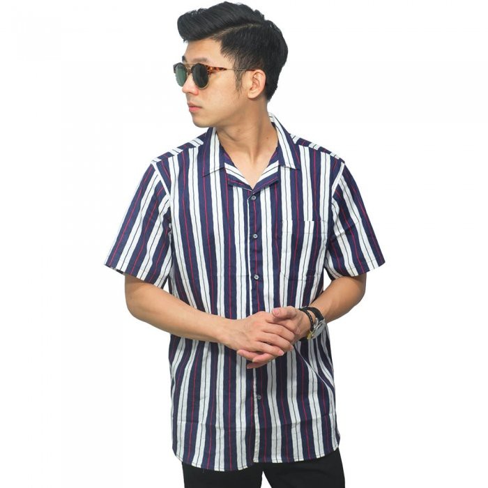 Kemeja Pendek Revere Collar Awning Stripe Navy-Baju cowok garis garis warna putih navy