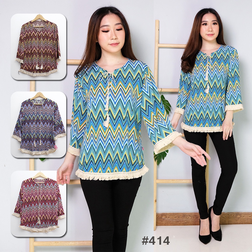 JakartaFashion - blouse atasan tribal etnic bohemian rumbai cream boho lengan 7/8 bahan jersey adem