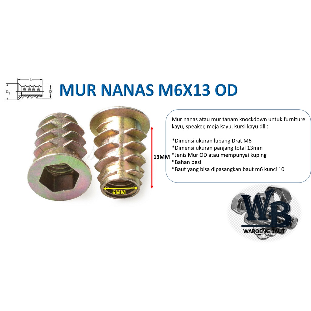 5PCS MUR TANAM - KNOCK DOWN NUT M6x13 mur nanas oe - Mur nanas m6x13 oe - MUR NANAS M6