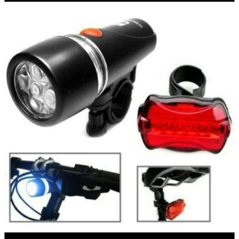 LAMPU SEPEDA SET DEPAN BELAKANG AKSESORIS SEPEDA 5 LED BIKE LAMP HB618 POWERBEAM ANTI AIR TERLARIS