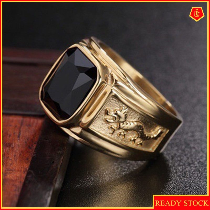 [Ready Stock]Vintage 18K Gold Dragon Pattern Diamond Men's Ring