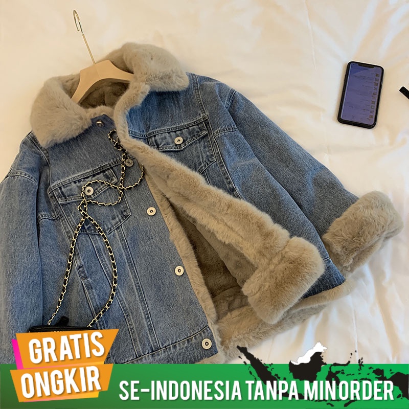 Domba Wol Jaket Denim Wanita Bulu Berlapis Tebal Berbulu Kasual  Pacar Padded Katun Jaket  Jaket wan