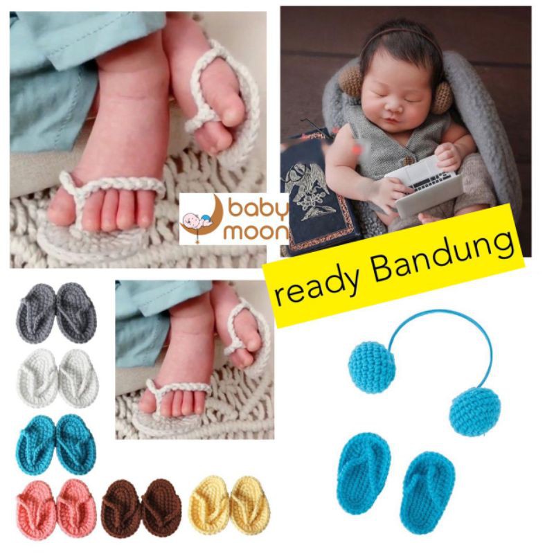 KOSTUM BAYI, KOSTUM EARMUFF BABY, SET SENDAL + BANDANA RAJUT FOTOGRAFI KOSTUM RAJUT SENDAL JEPIT+EARMUFF