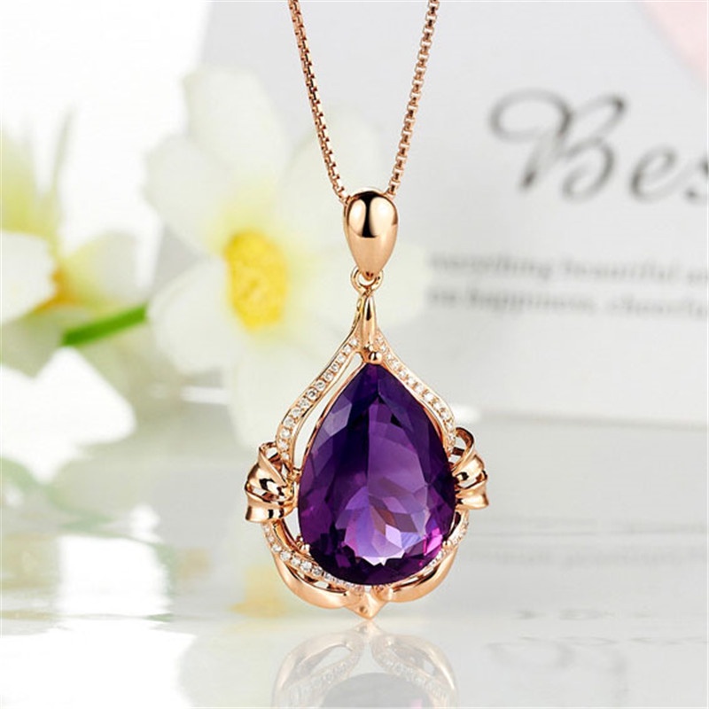 [Ready Stock]Fashion Inlaid Amethyst Hanging Luxury Micro Inlaid 18K Rose Gold Necklace