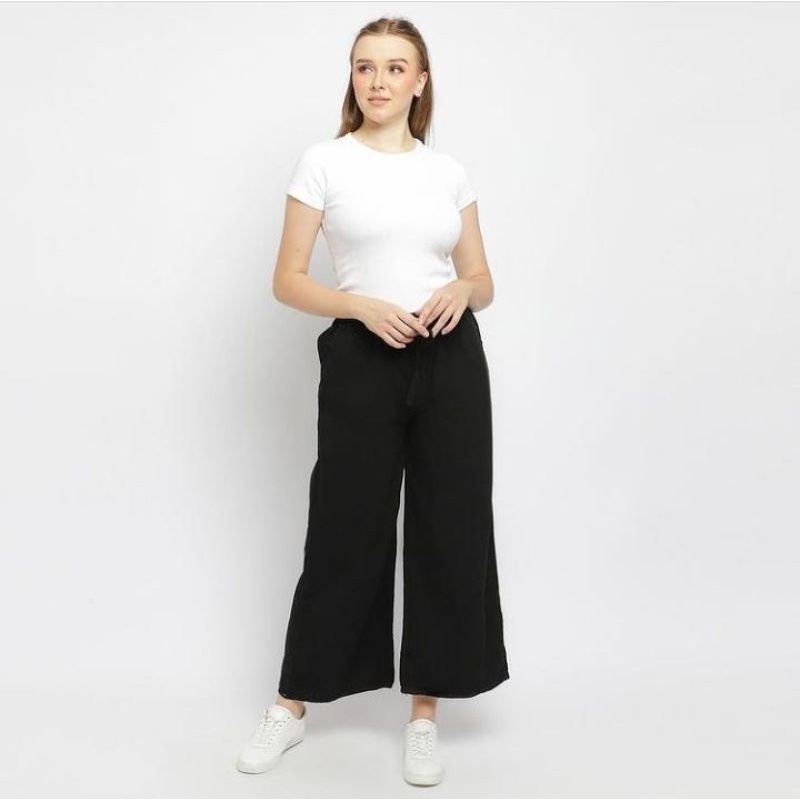 Celana kulot jeans wanita panjang high waist jumbo pinggang karet-8