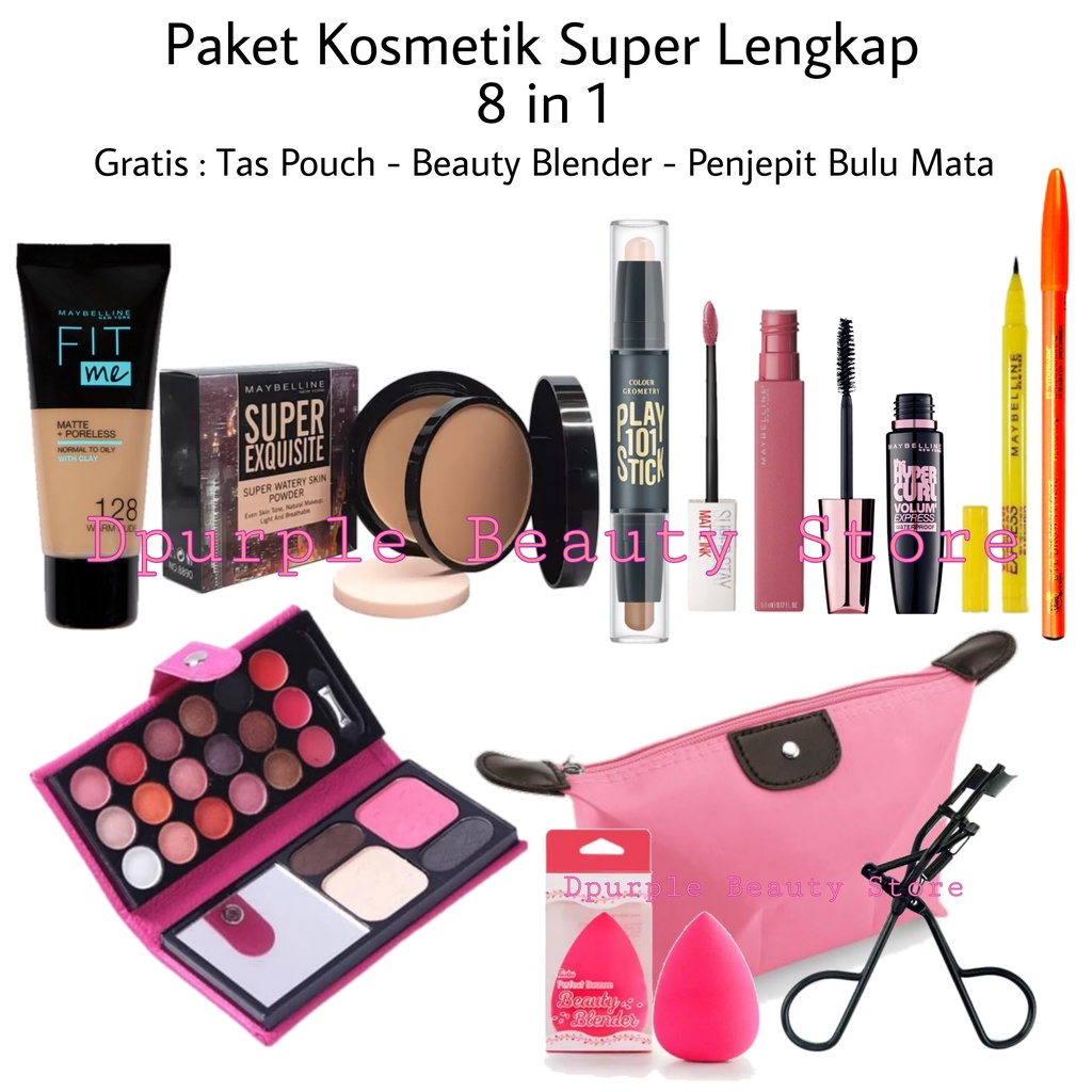 Paket Set Make Up Maybelline 8 in 1 - Paket Kecantikan Wanita Super Hemat Lengkap 8 in 1 - Fondation - Bedak - Contour - Eyeshadow - Maskara - Lipcream - Eyeliner - Pensil Alis - Tas pouch -  Beauty  Blender - Eyecurler