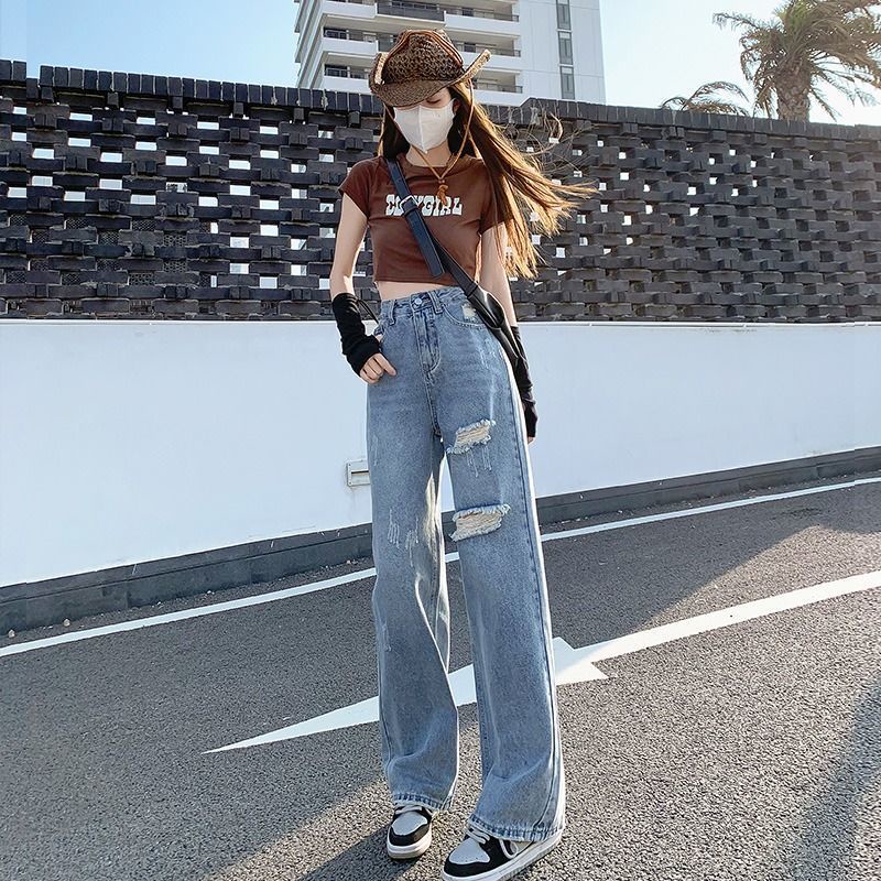 celana jins wanita kekinian straight jeans celanan jeans high waist wanita korean style jeans wanita ripped jeans cewek ootd fashion ripped jeans wanita