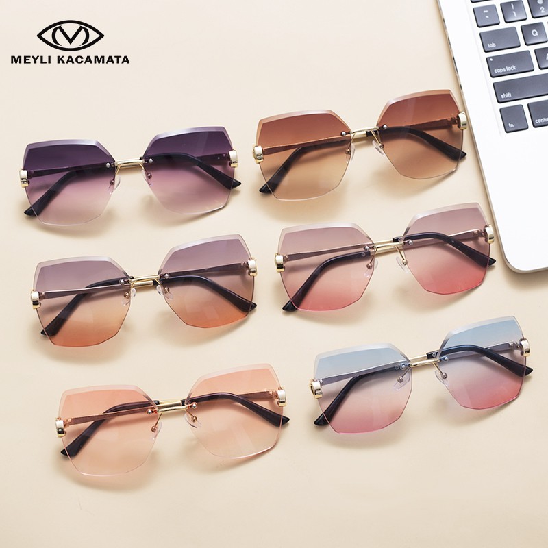 【TERSEDIA & COD】/Kacamata wanita tak berbingkai/Kacamata hitam mode/Kacamata poligon/sunglassesUV400-7
