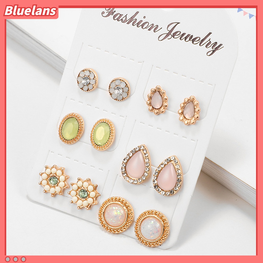 6 Pasang Anting Stud Opal Berlian Imitasi Bentuk Tetesan Air Bunga Untuk Wanita