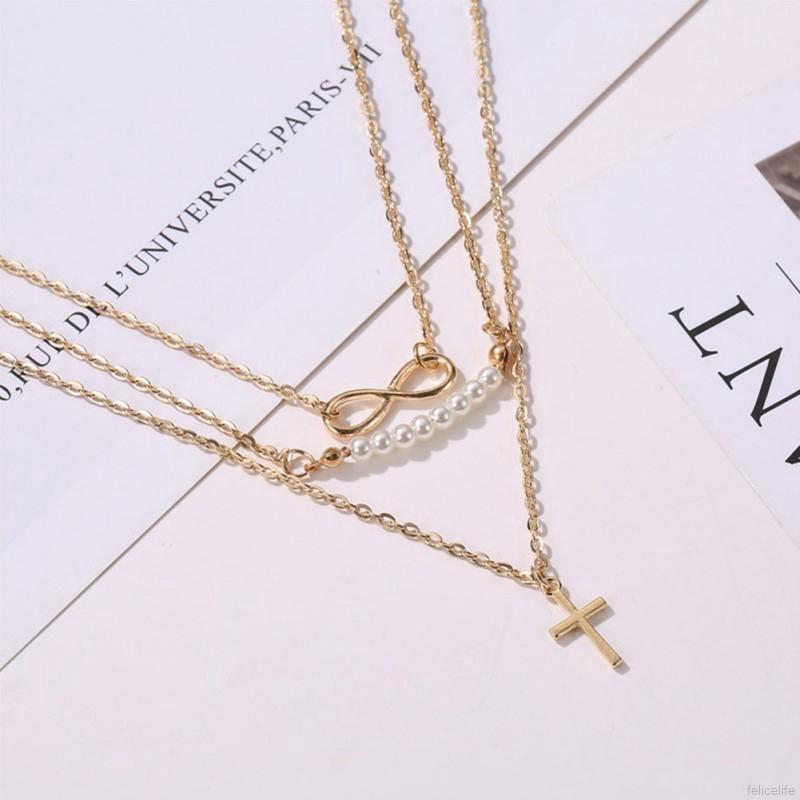 FELICELIFE Three-layer necklace eight-character pearl multi-layer necklace cross pendant clavicle chain