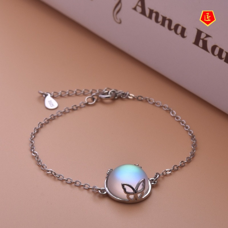 [Ready Stock]Simple Inlaid round Moonstone S925 Silver Butterfly Bracelet