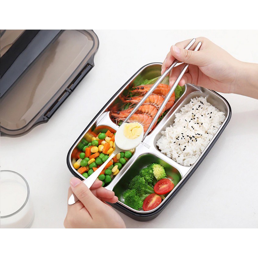 ONEUP Kotak Makan Stainless Steel Healthy Bento Lunch Box 1000ml 3 Grid with Spoon &amp; Chopstick