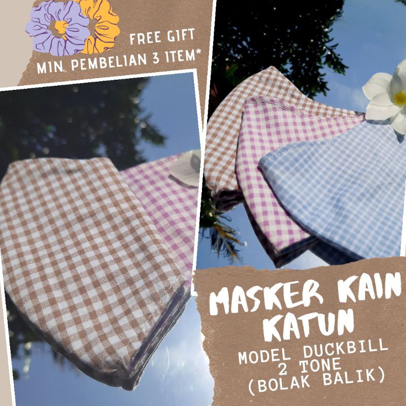 MASKER KAIN KATUN 3 PLY 2 TONE (BOLAK BALIK) EARLOOP HIJAB MODEL DUCKBILL LILAC
