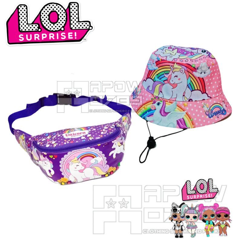 Paket 2in1 Tas Waist bag Anak Perempuan Unicorn Dan LOL Free Topi Print Usia 2-10thn